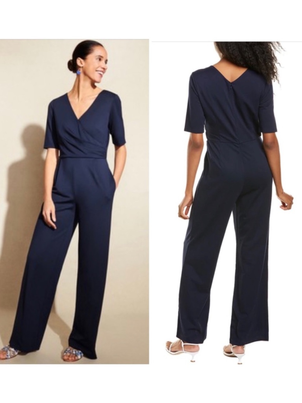 J. McLaughlin Nicole Faux Wrap Short Sleeve Jumpsuit Navy Blue Size Large